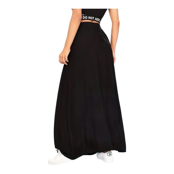 Boho Black Pleated Long Loose Solid Casual Skirt - Picture 5 of 6